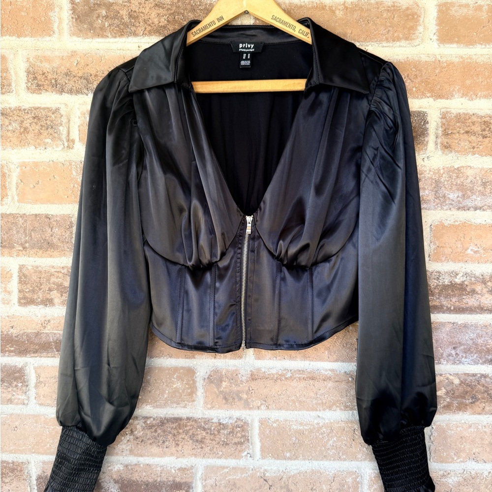 privy Black Satin Cropped Zip Blouse with Puff Sleeves